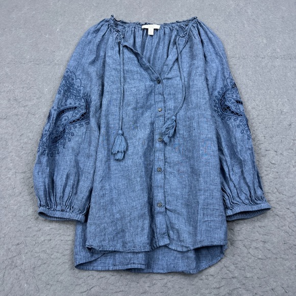 Charter Club Top Womens XL Blue 100% Linen Ruffle Puff Sleeve Chambray Button Up - Picture 1 of 9